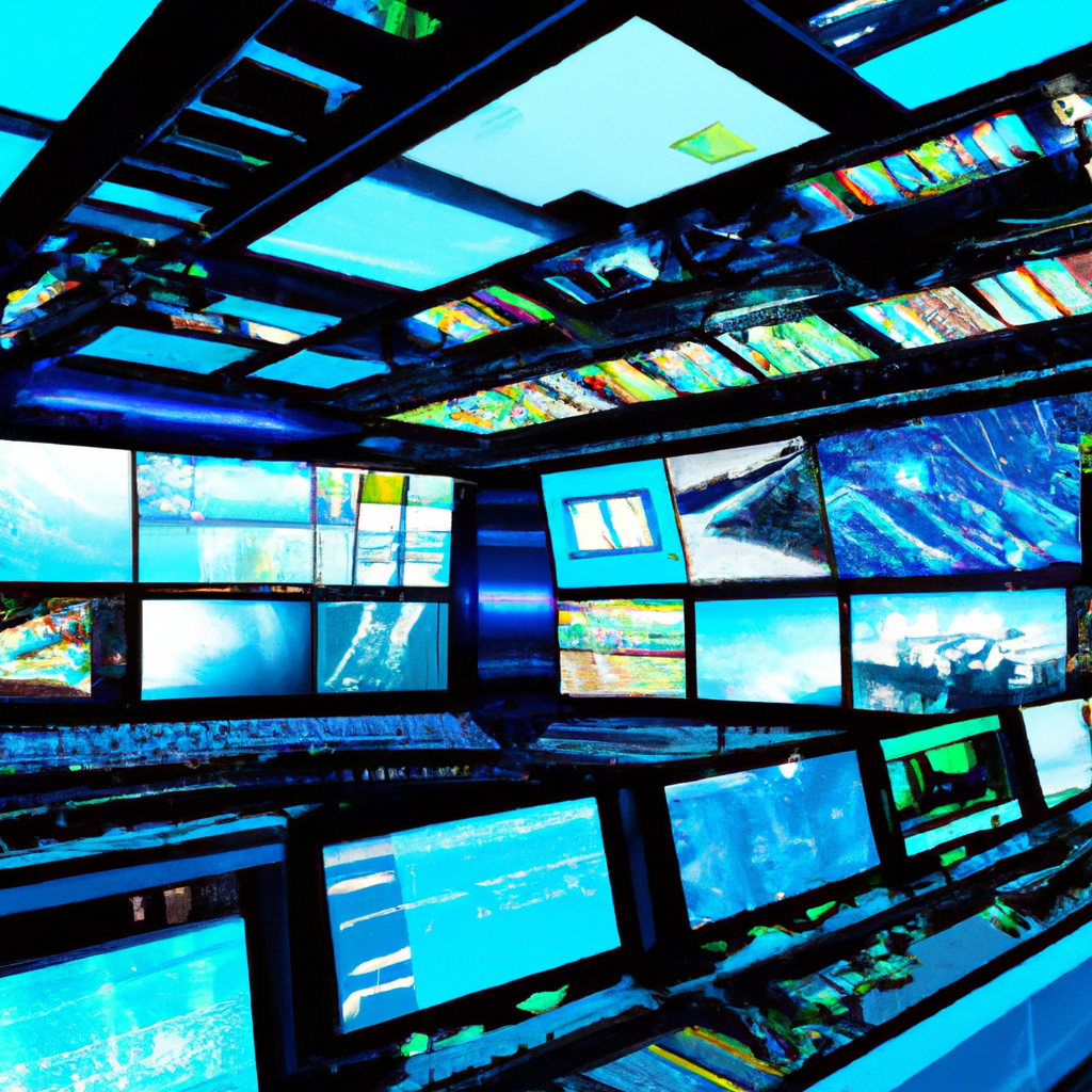 Suite de edición de noticias con monitores, timeline y rótulos en pantalla, estilo moderno